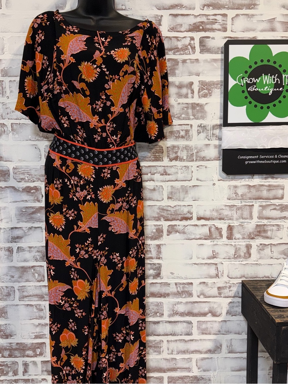 Anthropologie Maeve Black Jumpsuit with Orange-Pink Floral Print